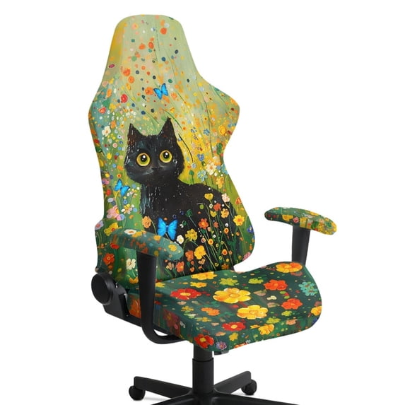 Whosucclay Cat Butterfly Flower Print Office Computer Game Chair Slipcovers Machine Washable Non-Slip Computer Chair Seat Slipcovers with Armrest Covers Gamer Chairs Protector