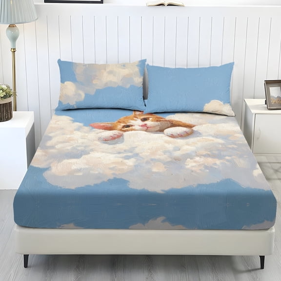 Whosucclay Cat In Clouds 3Pc Bed Linen, Elastic Band Mattress Fitted Set for Kids Bedroom, 1 Fitted Sheet and 2 Pillowcases, No Flat Sheet Soft Deep Pocket, Queen Size