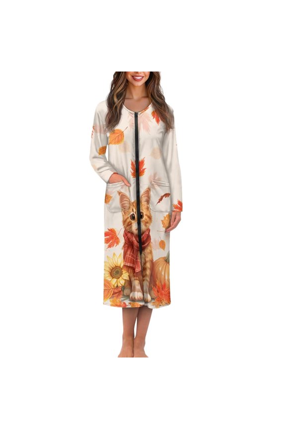 Cat Pumpkin Maple Leaf Sunflower Print Women Nightgowns Sleep Dress Zip Up Robe Comfy Full Length House Dress House Coats Fall Long Sleeve Bathrobe Sleepwear with Pockets Autumn Decor, 4XL