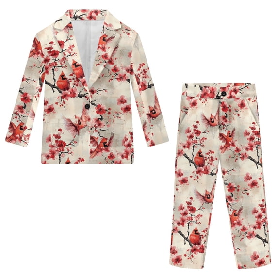 Whosucclay Cherry Blossom Cardinal Dual Front Pockets Formal Suits, 2 Piece Boys Suit Button & Zipper Closure Polyester Boys Suit Outfit for Wedding Ceremony