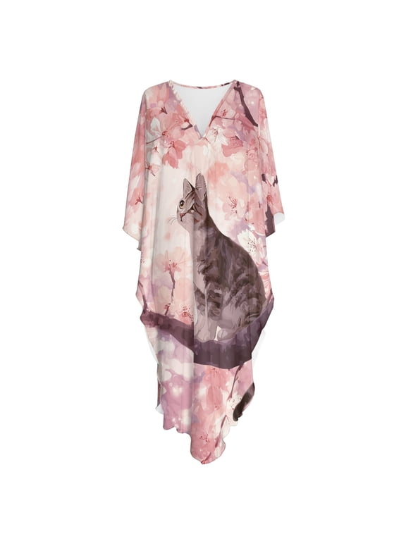 Cherry Blossom Cat Print, Caftan Dress for Women Breathable Muumuu Dress Plus Size 70s Vintage Casual Maxi Dress for Resort