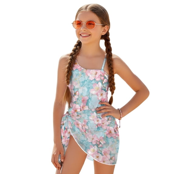 Whosucclay Cherry Blossom Girls One Piece Swimsuits, Polyester Material Adjustable Strap Quick Dry Girls One Piece Bathing Suit with Mesh Cover Up for Swimwear, 13-14 Years Old