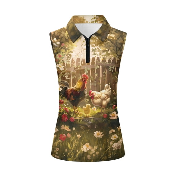 Whosucclay Chick Flower Design Golf Shirt for Women, Breathable Sleeveless Golf Tennis Shirts Half Zip Anti Wrinkle Workout Tank Tops