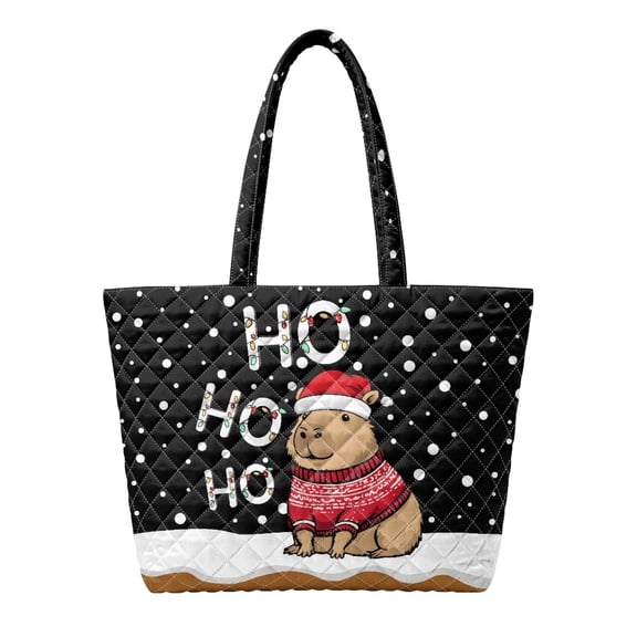 Whosucclay Christmas Capybara Print Quilted Tote Bag, Large Capacity Reusable Shoulder Bag for Holiday Shopping Work, Durable Lightweight Daily Use Handbag for Grocery Travel