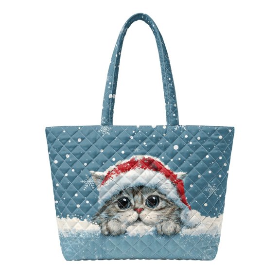 Whosucclay Christmas Cat Print Quilted Tote Bag for Women, Lightweight Polyester Large Casual Shoulder Bag with Snowflake Pattern for Daily Commute, Shopping, Holiday Outings
