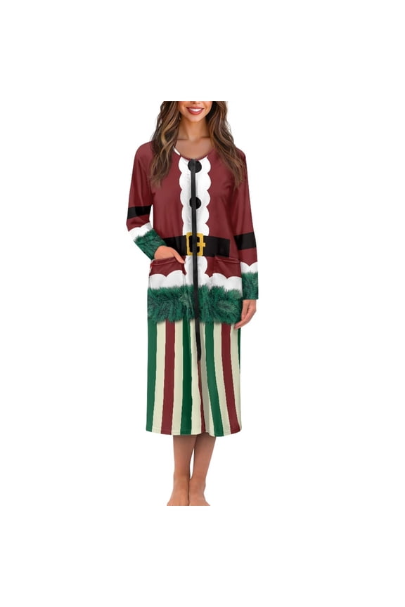 Christmas Clothes Print Womens Nightgowns Sleep Dress with Pockets Full Length House Coat Zip Up Robe Long Sleeve House Dress Crew Neck Bathrobes Christmas Decor, 3XL