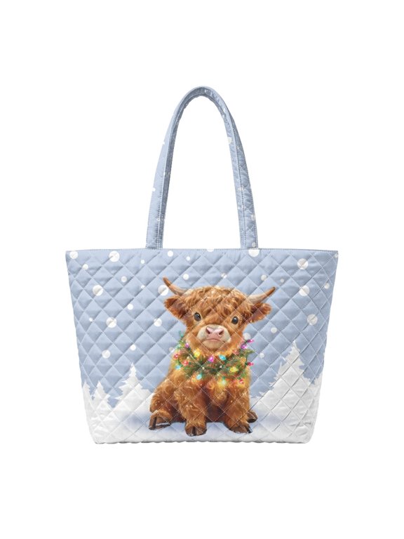 Christmas Highland Cow Print Quilted Tote Bag Large Lightweight Shoulder Handbag Fits 15.6 Inch Laptop Portable Daily Work Travel Shopping Carryall for Women