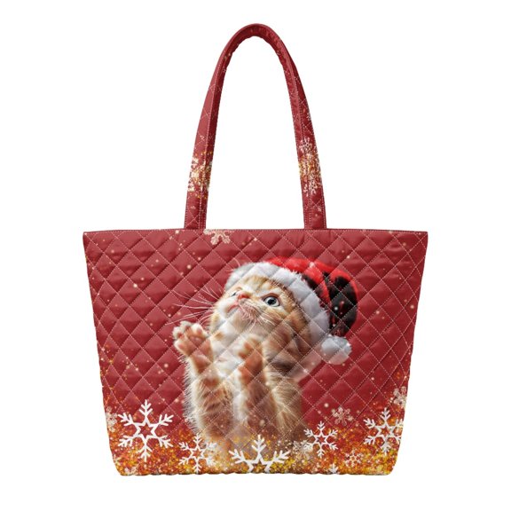 Whosucclay Christmas Kitten Print Quilted Tote Bag Large Capacity Shoulder Handbag for Women Fits 15.6 Inch Laptop Portable Daily Use Shopping Travel Work School Carry All Purse