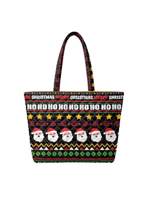 Christmas Santa Pattern Quilted Tote Bag Large Capacity Shoulder Handbag for Daily Commute Travel Fits Notebook Purse Cosmetics Holiday Shopping Gift