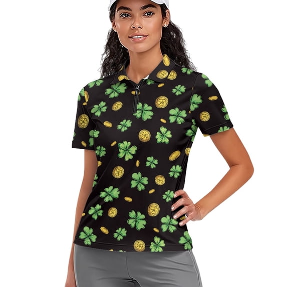 Whosucclay Clover Coin Design Polo Shirts, Daily Casual Quick Dry Stylish Workout Active Shirts for Tennis Golf Bowling Comfortable Size Small