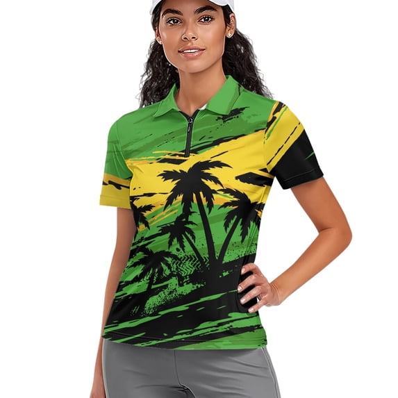 Whosucclay Coconut Tree Pattern Design Polo Shirts, Elastic Half-Zip Moisture Wicking Tennis Shirts for Hiking Golf Bowling Stylish Size X-Large