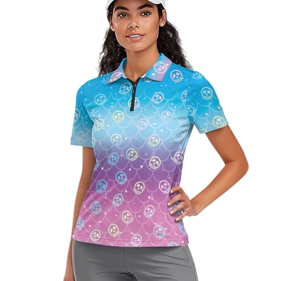 Whosucclay Collared Golf Polo Tops, Pastel Skull Mermaid Pattern Polyester Soft Quick Dry Tennis Shirts for Outdoor Travel Hiking Size Large