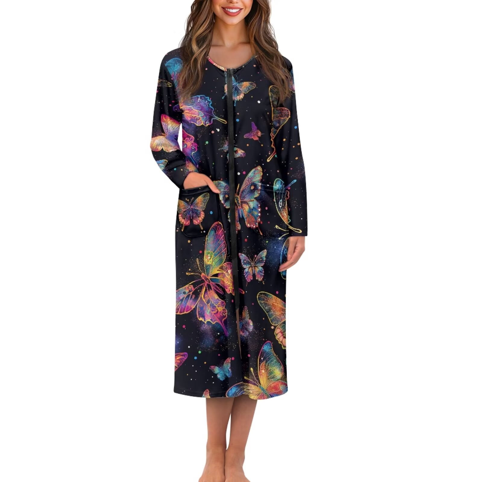 Whosucclay Colorful Butterfly Spot Print Zipper Front Robes for Women ...