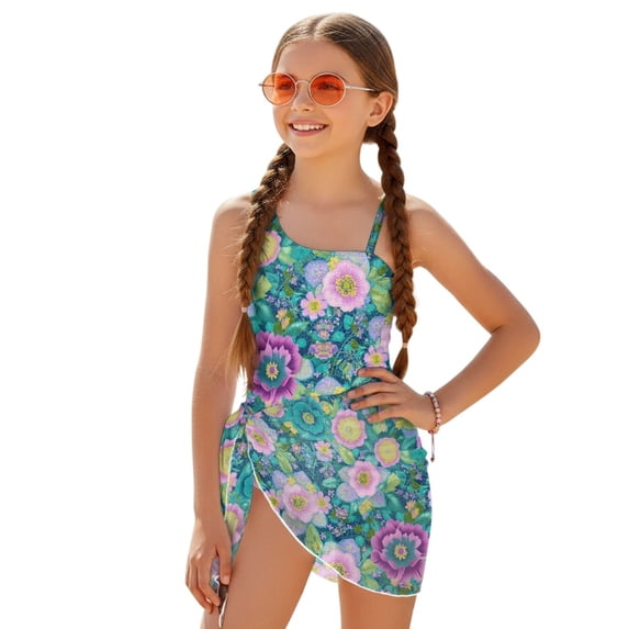 Whosucclay Colorful Floral Print Girls Swimsuit, Quick Dry Removable Bra Girls' One Piece Swimsuit with Cover Up for Beach, 7-8 Years Old