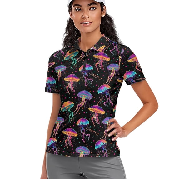 Whosucclay Colorful Jellyfish Pattern Tennis Shirts for Golf Outdoor Activities, Soft Polyester Polo Shirts Moisture Wicking Stretch Short Sleeve Golf Shirts for Women Size Large