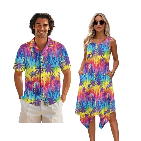 Whosucclay Colorful Palm Tree Print Matching Hawaiian Outfits for Couples Shirt and Dress Mens Shorts Sleeve Graphic Shirts and Wommens Summer Sleeveless Midi Dress with Pockets, M