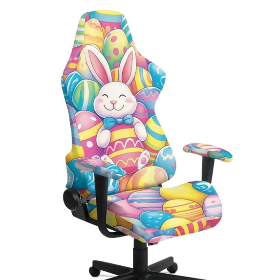 Whosucclay Colorful Rabbit Egg Print Gaming Chair Slipcovers, Stretchable Office Chair Cover 4 Pcs Computer Desk Chairs Covers with Armrest Covers, Rotating Armchair Protector Cover Easter Decor