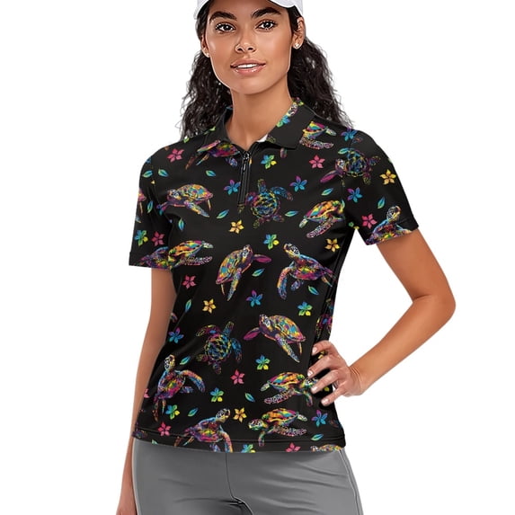 Whosucclay Colorful Turtle Pattern Golf Polo Tops for Bowling Shopping, 1/4 Zip Polyester Polo Shirts Breathable V Neck Tennis Shirts Size Medium