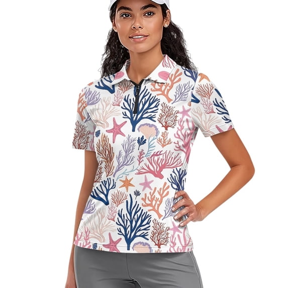 Whosucclay Comfortable Polo Shirts for Tennis Golf Outdoor Activities, Polyester Stretch Quarter Zip Tennis Shirts, Coral Reef Cover Size Medium