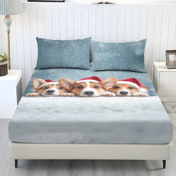Whosucclay Corgi Trio Christmas Design 3-Piece Fitted Sheets for Women Teens, Stain Resistant Soft Fitted Sheet & 2 Pillowcases, No Flat Sheet Included for Secure Fit, Twin Size
