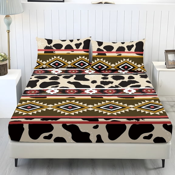 Whosucclay Cow Print 3-Piece Fitted Sheet Set, Easy Care Fitted Sheets for Bedroom Decor, 1 Fitted Sheet and 2 Pillowcases, No Flat Sheet Comfy Anti-Crease, Twin Size