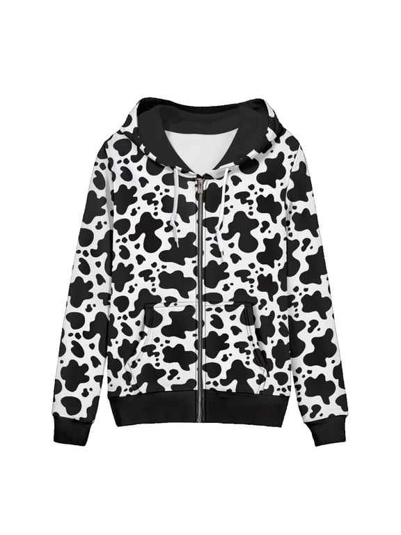 Cow Print Women's Full Zip Hoodie Jacket, Casual Loose Fit Sweatshirt with Kangaroo Pocket, Breathable Fabric for Free Movement, Outdoor Activities & Loungewear