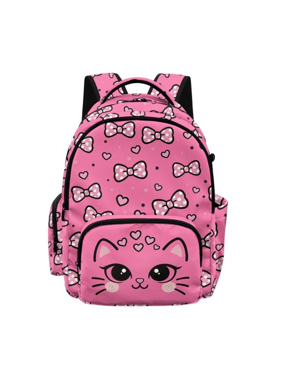 Cute Cartoon Cat Face with Heart Pattern 17 Inch Kids Backpack, Daypack, Large Capacity Adjustable Straps Bag for Kindergarten Elementary School