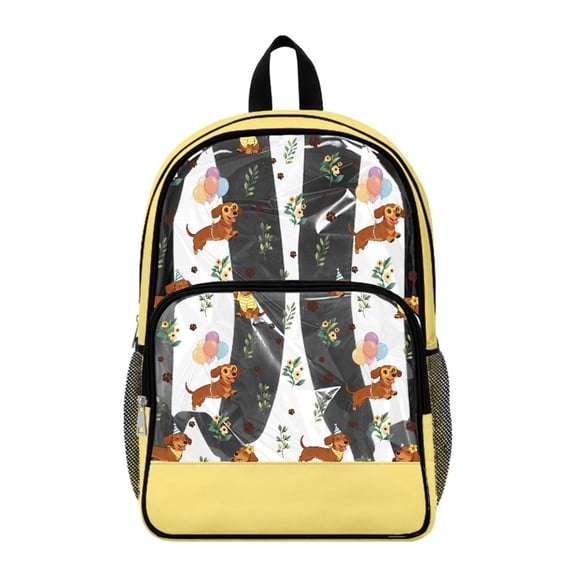 Whosucclay Cute Dachshund Floral Pattern 17 Inch Clear Bookbag, Zipper Closure See Through Book Bag, Side Pockets Backpack for Elementary High School Kindergarten