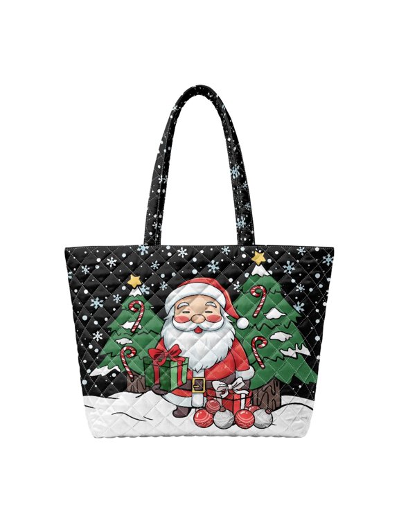 Cute Santa Print Quilted Tote Bag, Large Capacity Lightweight Shoulder Bag for Tablet Laptops Journals, Water Resistant Casual Handbag for Holiday Shopping Travel