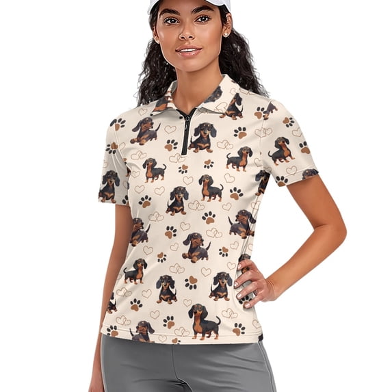 Whosucclay Dachshunds Print 1/4 Zip Golf Polo Shirt, Polyester Golf Polo Tops Breathable Soft Polo Shirts for Tennis Outdoor Hiking Size XX-Large