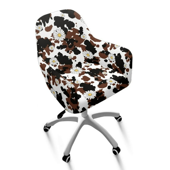 Whosucclay Daisy Cow Print Curved Back Accent Chair Slipcovers Stretch Office Chair Protector Non-Slip Curved Back Bar Stool Slipcovers with Arms for Living Room, Vanity, Party