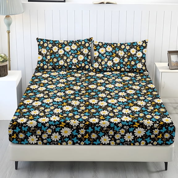 Whosucclay Daisy Floral Print 3-Piece Fitted Sheet Set, All Around Elastic Comfort Bedding with 1 Fitted Sheet and 2 Pillowcases, No Flat Sheet, Cozy Fitted Sheets, Queen Size