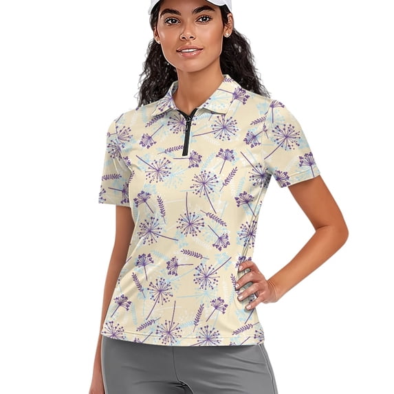 Whosucclay Dandelion Pattern Elastic Golf Short Sleeve Top for Bowling Tennis Vacation, V Neck Polo Shirts Quick Dry Polyester Golf Polo Tops Size Small