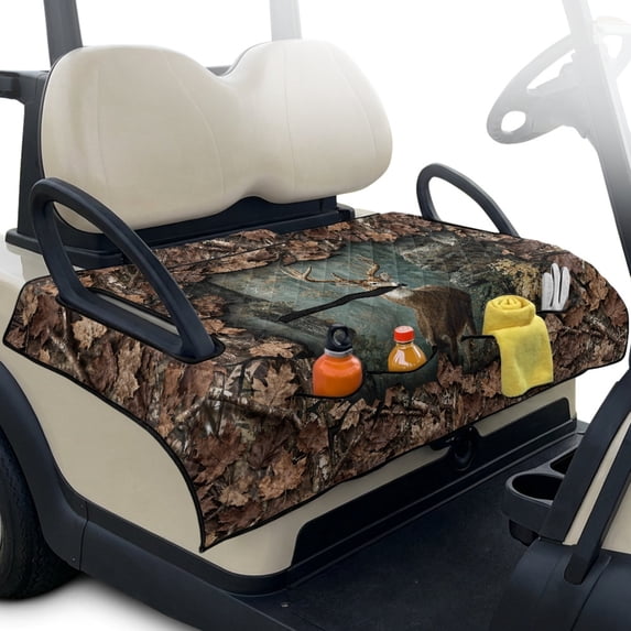 Whosucclay Dead Leaf and Deer Pattern Folding Golf Cart Seat Covers 4 Convenient Pockets, Golf Cart Seat Towel for EZGO Yamaha Carts
