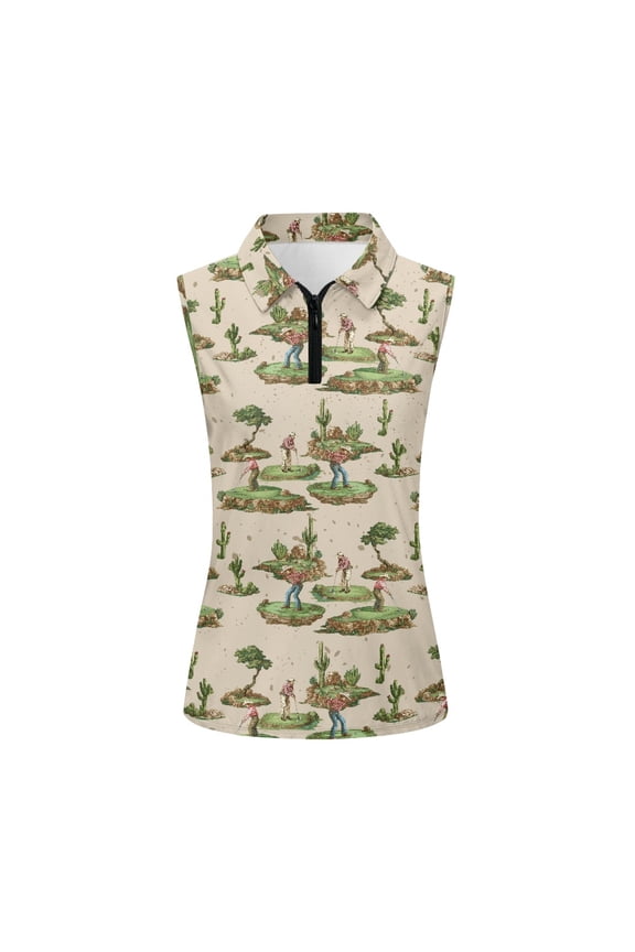 Desert Golfer Print Athletic Tank Top for Ladies, Half Zip Neck Collar Ladies Golf Shirts Relaxed Fashion Workout Tank Tops