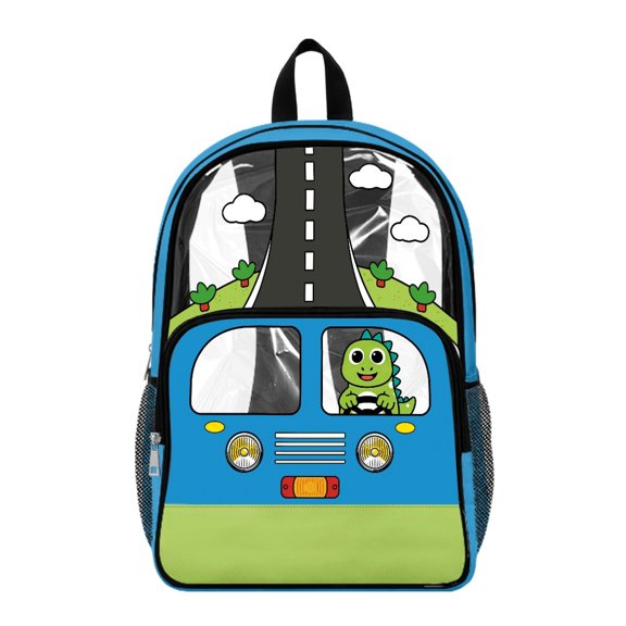 Whosucclay Dinosaur Driving Bus Transparent Backpack for Girls Boys, Middle School Elementary Large Capacity Side Pockets Clear Backpack for Stadium Travel