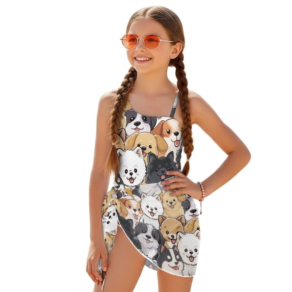 Whosucclay Dogs Pattern Design Girls Swimsuit, Removable Bra Girls One Piece Swimsuit for Teens, Quick Dry, 15-16 Years Old