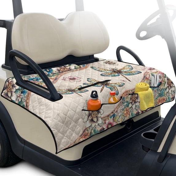 Whosucclay Dragonfly Floral Folding Golf Cart Seat Covers, 4 Convenient PocketsAll-Weather Protection for Club Cars EZGO