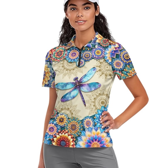 Whosucclay Dragonfly Mandala Style Quick Dry Tennis Shirts for Golf Hiking Bowling, Fashion Golf Polo Tops Quarter Zip Polyester Short Sleeve Golf Shirts for Women Size X-Large