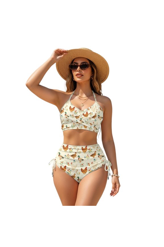 Duck Chick Pattern High Cut Two Piece Bikini Set, Stretchy Women Swimsuit Bikini Set Lightweight Adjustable Spaghetti Straps Size Medium