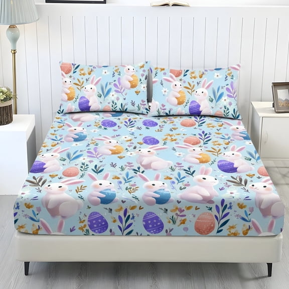 Whosucclay Easter Bunny Eggs Pattern 3 Pieces Fitted Sheets for Women Kids, Deep Pockets Smooth Fitted Sheet Set for Condo, Full Size