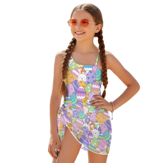 Whosucclay Easter Bunny Eggs Pattern Girls One Piece Swimsuit for Swimming Bathing, Removable Pad Adjustable Girls' One Piece Swimsuit with Cover Up, 11-12 Years Old