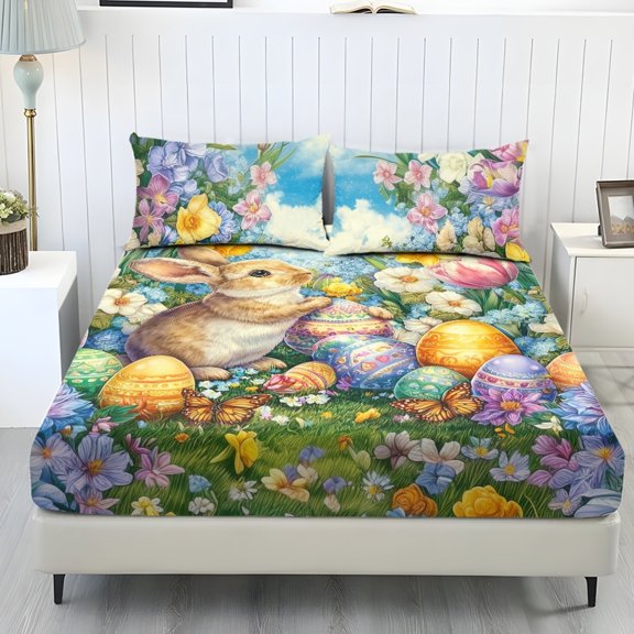 Whosucclay Easter Bunny Floral 3Pc Fitted Sheets with High Stretch Comfy, 1 Fitted Sheet and 2 Pillowcases, No Flat Sheet Fitted Sheet Set for Bedrooms Dorm, Twin Size