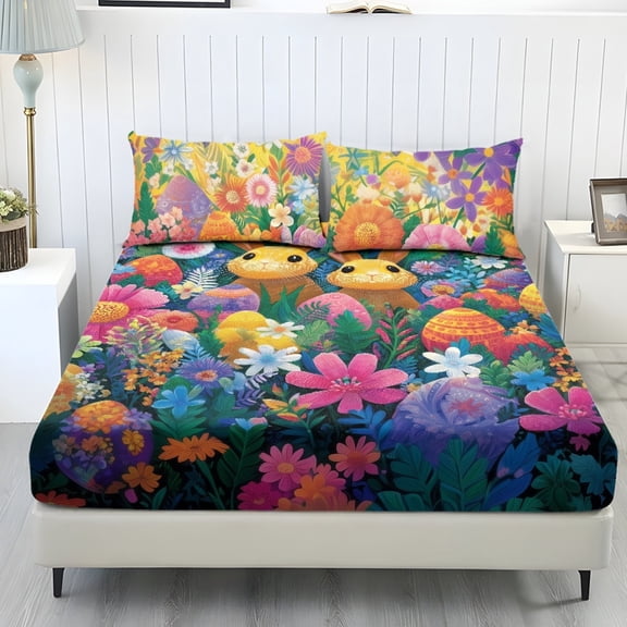 Whosucclay Easter Bunny Floral Print Deep Pockets Fitted Sheet Trio with Bedroom for Kids Women, Fade Resistant Easy Care Comfort Fitted Sheets, Twin Size