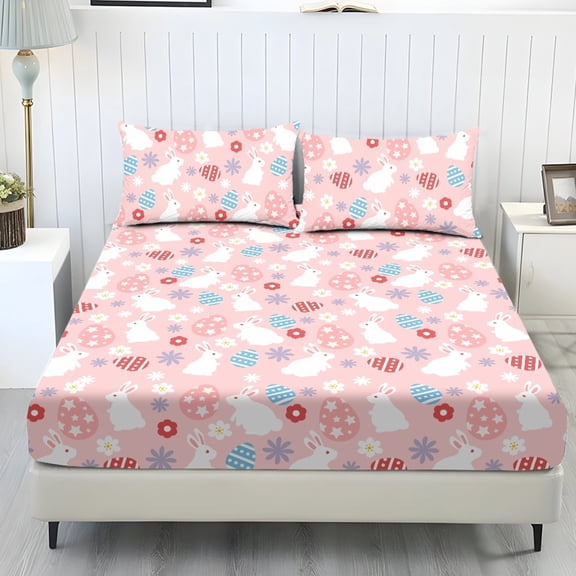 Whosucclay Easter Bunny Print Wrinkle Free Fitted Sheet Trio with Bedroom for Kids Women, Comfort Machine Washable All Season Fitted Sheet Set, Twin Size