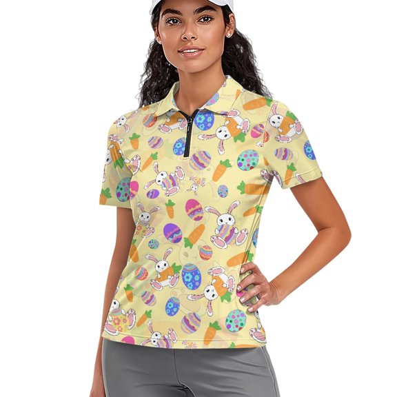 Whosucclay Easter Egg Bunny Print Polo Shirts for Athletic Tennis, 1/4 Zip Polyester Golf Polo Tops Comfortable Elastic Golf Tops Size Small