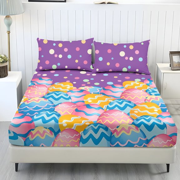 Whosucclay Easter Egg Pattern Lightweight 3 Piece Fitted Bedding Set with Home Decor for Men Kids, Wrinkle Free High Stretch Wrinkle Resistant Bed Linen, Twin Size