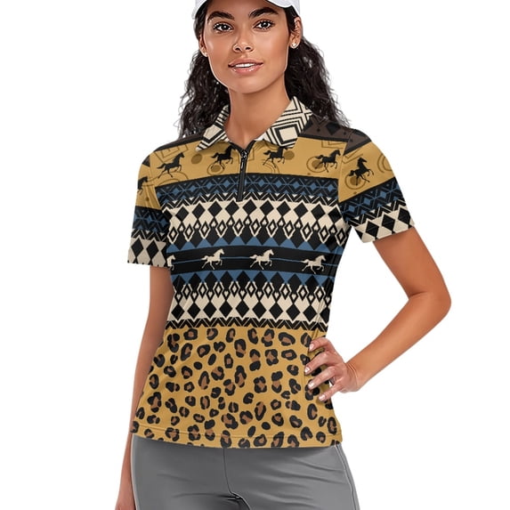 Whosucclay Elastic Tennis Shirts, Horse Leopard Tribal Pattern Polyester Soft Breathable V Neck Golf Shirts for Women for Outdoor Vacation Shopping Size Small