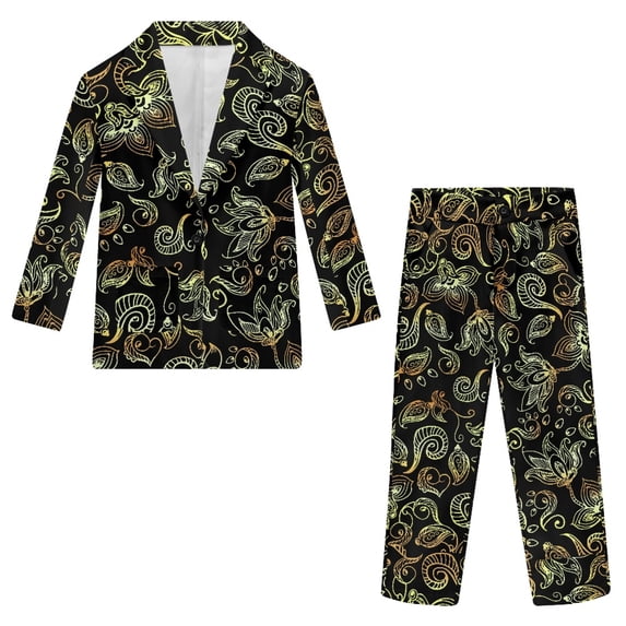 Whosucclay Elastic Waist Boys Suit Set for Graduation Party Wear, Polyester Soft Elastic Adjustable Waist Boys Suits, Metallic & Floral Pattern