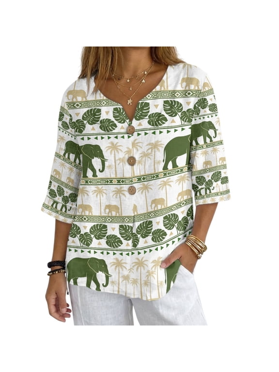 Elephant Leaf Print Imitation Linen-Like Blouse, V Neck 3/4 Sleeve Women's Blouse Casual Women's Imitation Linen-Like Blouse Top for Daily Wear Vacation, Size Medium